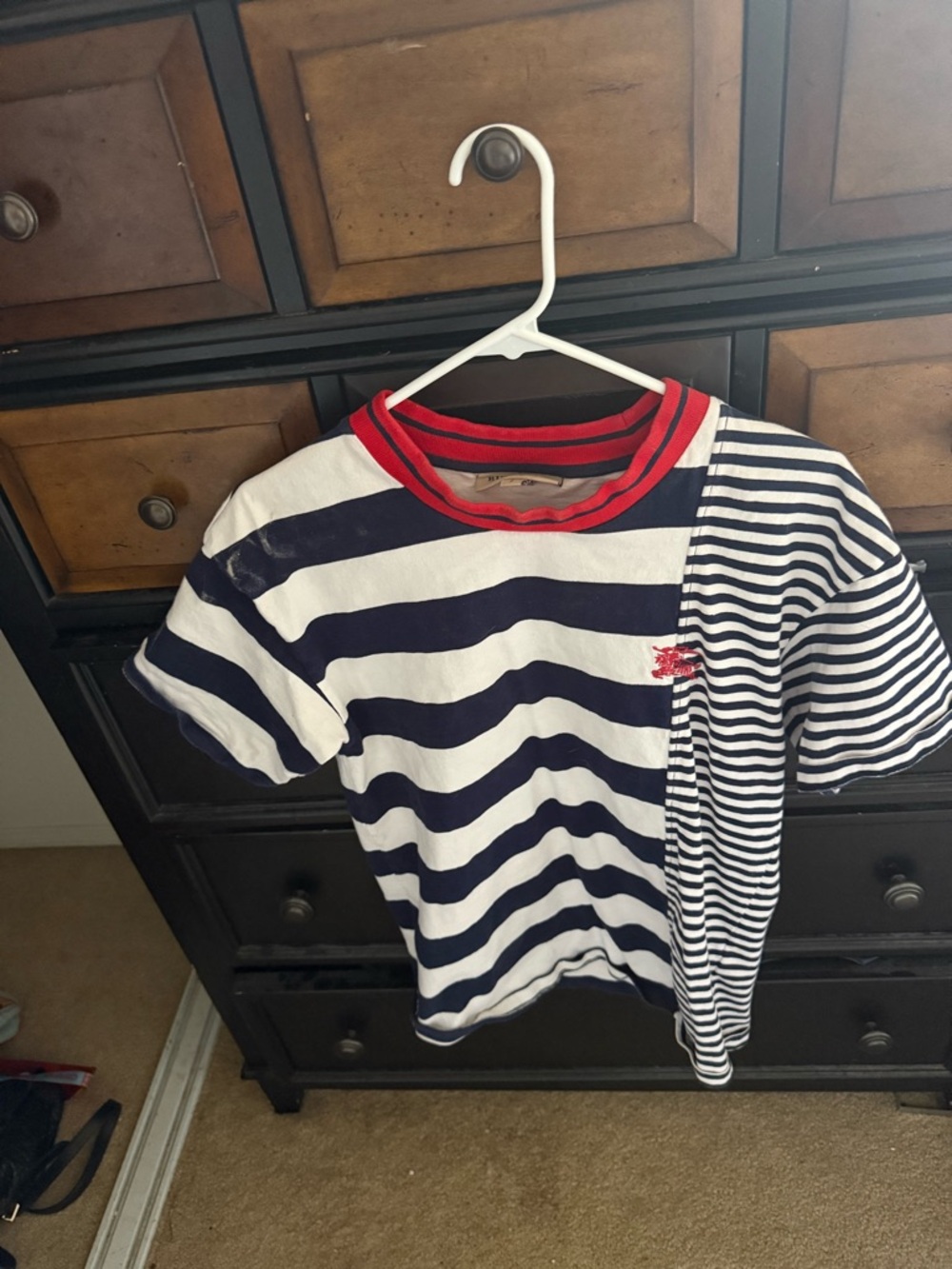 Burberry Navy & White Striped Short Sleeve Tee with Red Trim